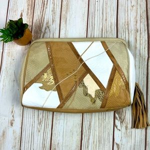 Clemente Vintage Camel White Patchwork Leather Snakeskin Clutch Bag - 13x9.5”